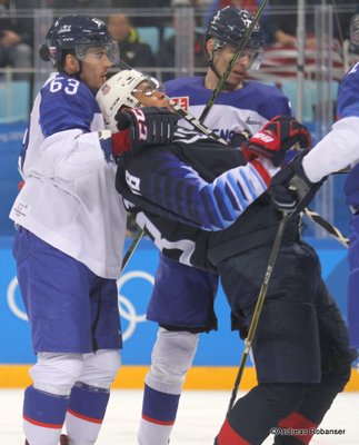 Olympic Winter Games Pyeongchang 2018 Men: USA - SVK Patrik Lamper #63, Jordan Greenway #18 Gangneung Hockey Centre ©Andreas Robanser