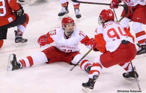 Olympic Winter Games Pyeongchang 2018 Women's Quarterfinal: RUS - SUI Viktoria Kulishova #73, Yevgenia Dyupina #94 Kwandong Hockey Centre ©Andreas Robanser