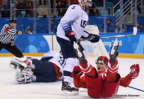 Olympic Winter Games Pyeongchang 2018 Men's: OA RUS - USA Nikolai Prokhorkin #74, Ryan Zapolski #30, Noah Welch #5 Gangneung Hockey Centre ©Andreas Robanser