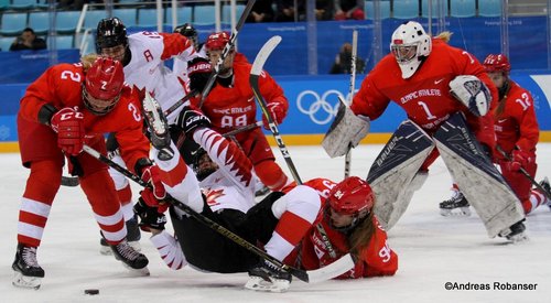 Olympic Winter Games Pyeongchang 2018 Women's Semifinals CAN - OA RUS Angelina Goncharenko #2, Sarah Nurse #20, Yevgenia Dyupina #94, Valeria Tarakanova  #1 Gangneung Hockey Centre ©Andreas Robanser