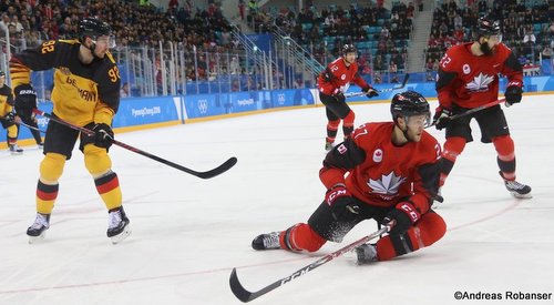 Olympic Winter Games Pyeongchang 2018 Men's Play-offs Semifinals CAN - GER Marcel Noebels #92, Cody Goloubef  #27, Eric O'Dell  #22 Gangneung Hockey Centre ©Andreas Robanser