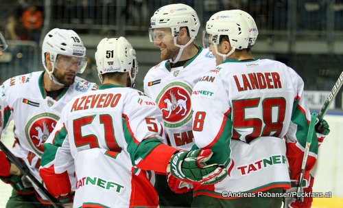 Ak Bars Kazan Torjubel. KHL Season 2017-2018 Justin Azevedo  #51, Jiri Sekac #92, Anton Lander #58 ©Puckfans.at/Andreas Robanser