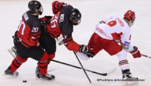 IIHF U18 World Championship CAN - BLR Jack McBain #20, Serron Noel #26, Daniil Stepanov #9 Arena Magnitogorsk ©Puckfans.at/Andreas Robanser