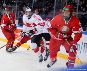 IIHF U18 World Championship BLR - SUI Ilya Kazyanin #15, Simon Wüest #26, Alexei Protas #6 Arena Metallurg, Magnitogorsk ©Puckfans.at/Andreas Robanser