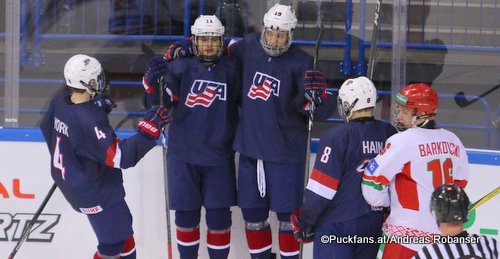 IIHF U18 World Championship USA - BLR Alex Turcotte #11, K'Andre Miller #19, Kirill Levshunov #18, Cam York #4, Gavin Hain #8 Arena Metallurg, Magnitogorsk ©Puckfans.at/Andreas Robanser