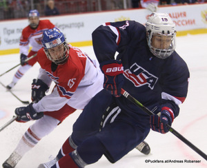 IIHF U18 World Championship  Semifinal USA - CZE Karel Plasek  #15, K'Andre Miller #19 Arena Traktor, Chelyabinsk ©Puckfans.at/Andreas Robanser