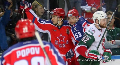 Gagarin Cup Finale Game 3: CSKA Moskau - Ak Bars Kazan Alexander Popov #22, Kirill Petrov #27, Alexei Marchenko #53, Jiri Sekac #92 Eispalast des Sports CSKA ©Puckfans.at/Andreas Robanser