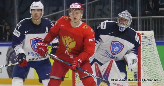 IIHF World Championship  RUS - FRA  Florian Hardy #49, Kirill Kaprizov #7, Kevin Hecquefeuille #84 Royal Arena, Copenhagen ©Puckfans.at/Andreas Robanser