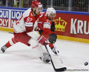 IIHF World Championship SUI - BLR Artyom Kisly #82, Mirco Müller #41 Royal Arena, Copenhagen ©Puckfans.at/Andreas Robanser