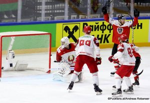 IIHF World Championship  AUT - BLR Mikhail Karnaukhov  #1, Yevgeni Kovyrshin #88. Michael Raffl #12 Royal Arena, Copenhagen ©Puckfans.at/Andreas Robanser