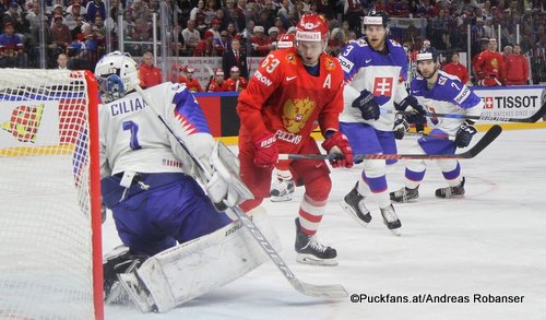 IIHF World Championship  RUS - SVK Marek Ciliak #1, Yevgeni Dadonov #63, Adam Janosik #3 Royal Arena, Copenhagen ©Puckfans.at/Andreas Robanser