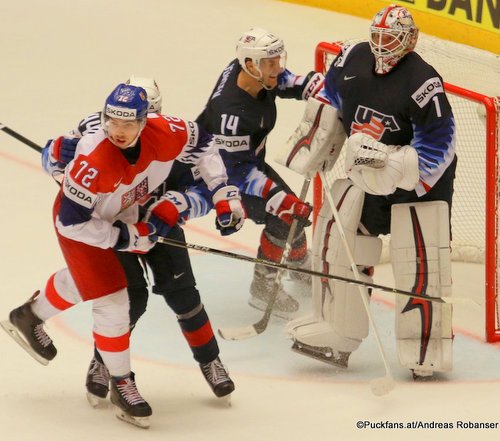 IIHF World Championship QF: USA - CZE Filip Chytil #72, Nick Jensen #14, Keith Kinkaid #1 Jyske Bank Boxen, Herning ©Puckfans.at/Andreas Robanser