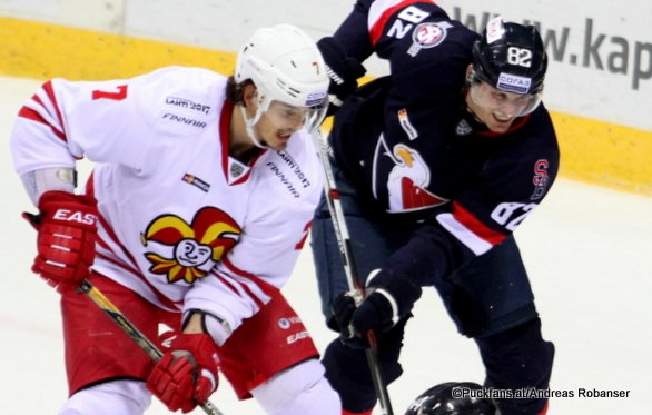 Slovan Bratislava - Jokerit Helsinki Oliver Lauridsen #7, Ziga Jeglic #14, Tomas Kopecky #82, Mika Niemi #22 Slovnaft Arena ©Puckfans.at/Andreas Robanser