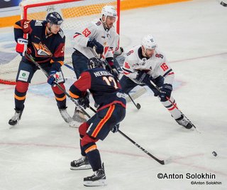 Metallurg Magnitogorsk - HC Slovan Bratislava Denis Platonov #39, Arkhip Nekolenko #12, Patrik Lamper #63, Andrej Meszaros #16 Arena Metallurg, ©Anton Solokin